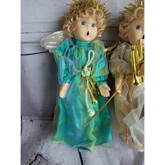 Porcelain Christmas Angel Dolls Lot 3 Dressed in Gold with Open Mouth Instrument - Picture 6 of 12